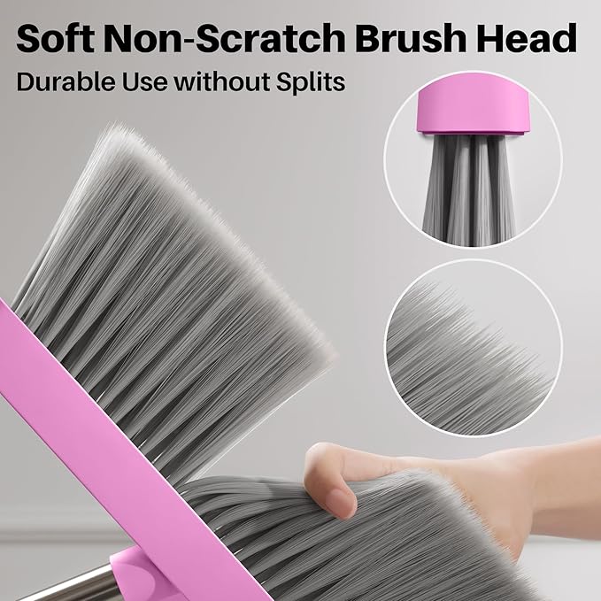 JOYMOOP Pink Broom and Dustpan Set with 56” Handle, Upright Angle with Built-in Comb Teeth for Hardwood Floors and Pet Hair