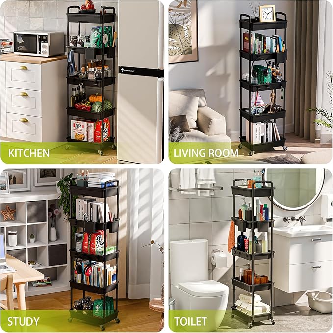 5 Tier Rolling Cart Organizer,Bathroom Cart Organizers with Wheels Laundry Room Organization Mobile Shelving Unit Utility Cart Storage Shelves Multi-Functional for Office, Home(Black)