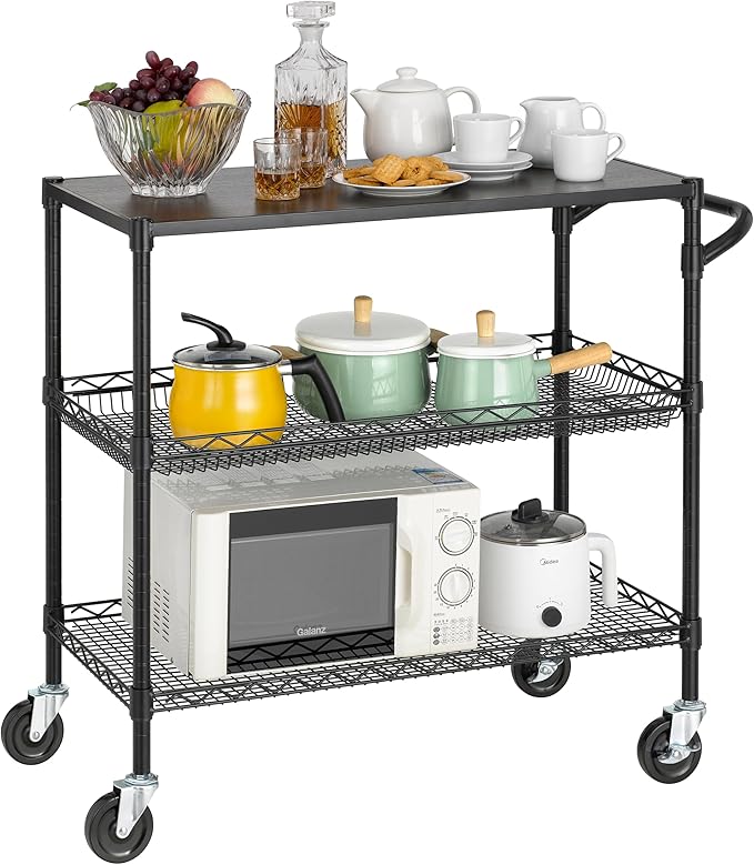 Finnhomy 3 Tier Heavy Duty Commercial Grade Utility Cart with Wood Top, Wire Rolling Cart with Wheels and Handle Bar, Kitchen Carts on Wheels, 18x36x35.4 H Metal Cart with 600 LBS Capacity, Black