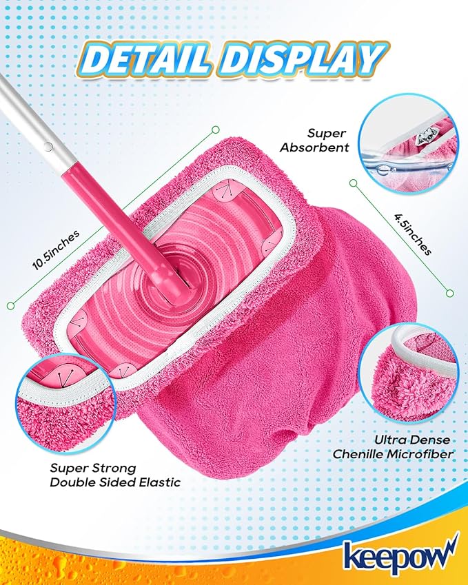 KEEPOW 6 Pack Reusable Mop Pads Compatible with Swiffer Sweeper, Coral Fleece Pink Washable Swiffer Mop Pads, Dry & Wet Sweeping Mopping Cloths (Pink, Not Included Mop)