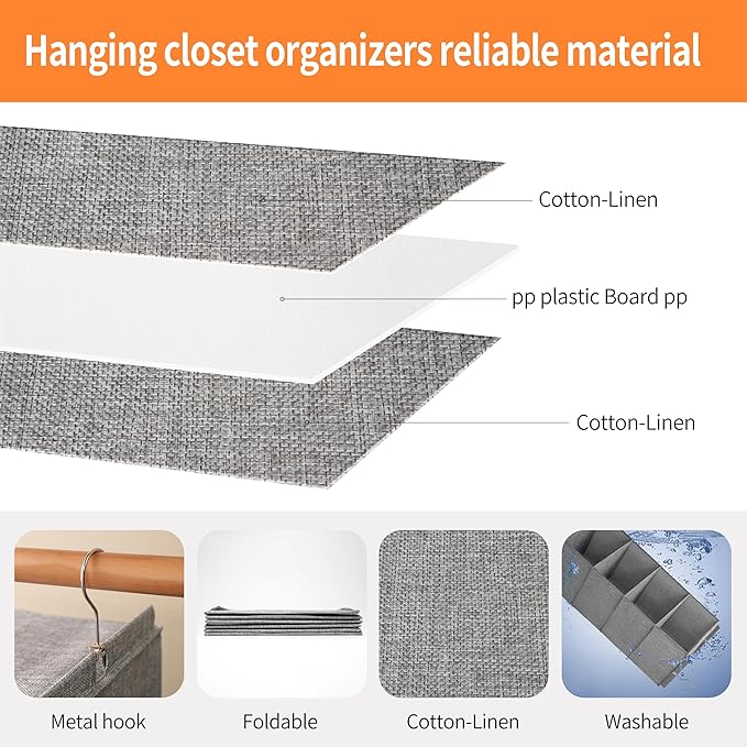 Large Hanging Sweater Organizer for Closet,Collapsible 6-Shelf Hanging Closet Shelves with Drawers, Washable (Grey-6 Shelf)