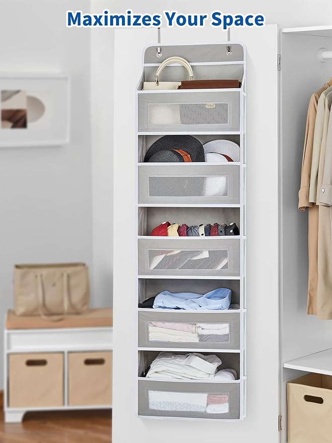 JARLINK 2 Pack Over The Door Organizer, 5 Shelf Door Hanging Organizer with 5 Large Pockets, 44 lbs Weight Capacity Hanging Storage for Bathroom, Bedroom, Nursery, RV, Pantry (Light Grey)