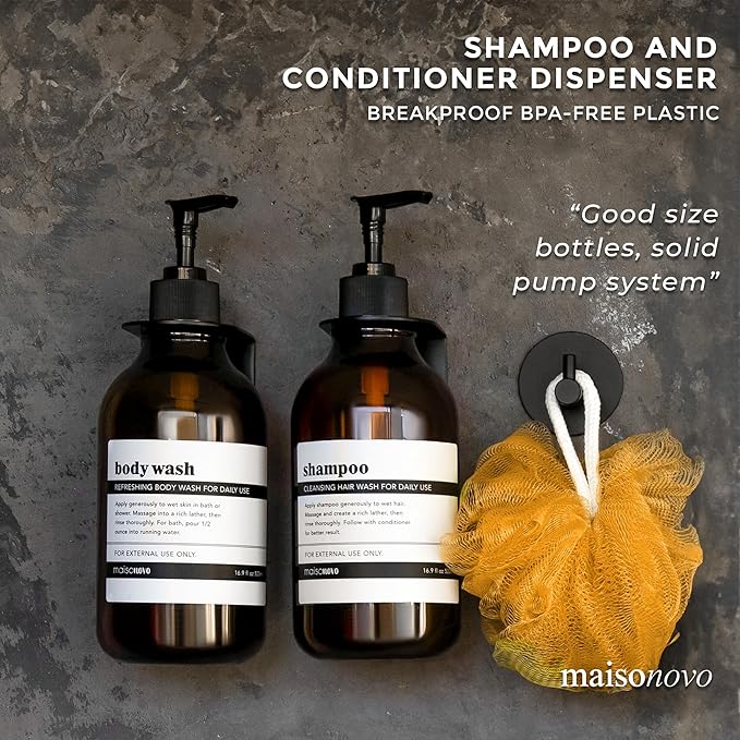 MaisoNovo Shampoo and Conditioner Dispenser - Shower Soap Dispenser Wall Mounted - 16.9 fl oz Set of 2 Amber Plastic Bottles Black Pump - Shampoo Dispenser, Shower Dispenser 2 Chamber No Drill