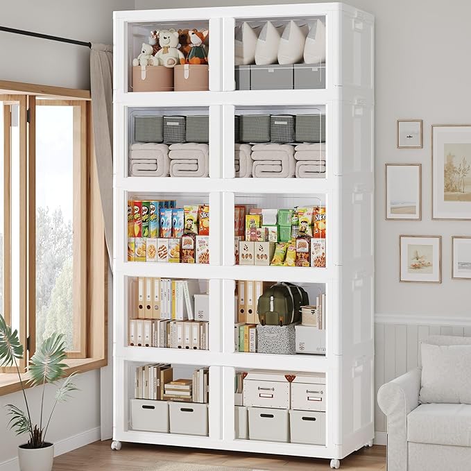1000Qt Stackable Storage Bins with Lid and Wheel, 250Gal Plastic Closet Organizer and Storage Drawer, Large Collapsible Storages Box Cabinet with Clear Door for Home Kitchen, 5Pack White