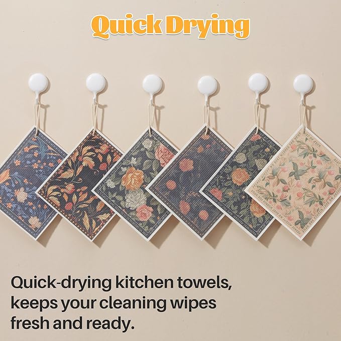 JOYMOOP 12 Pack Decorate Cleaning Cloth (Simple Floral of Decorative Series), Reusable Absorbent Dish Towels, Non-Scratch Washable Rags for Cookware, Kitchen and Household Cleaning - 6.7×7.9 inch