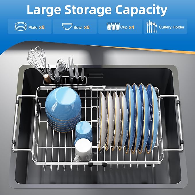 romision Expandable Dish Drying Rack Over The Sink Small Metal Stainless Steel Plate Holder for Compact Kitchen, Space Saving Modern Silver Hanging Drainer