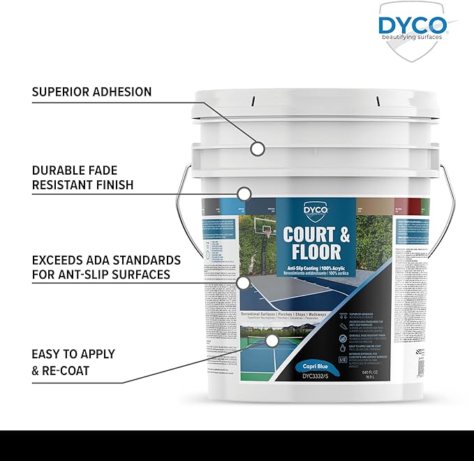 DYCO Court & Floor Anti-Slip Coating - Slip-Resistant Pavement, Cement & Concrete Paint for Pickleball, Tennis & Basketball Courts, Exceeds ADA Standards for Safety Areas (Capri Blue, 5 Gallons)