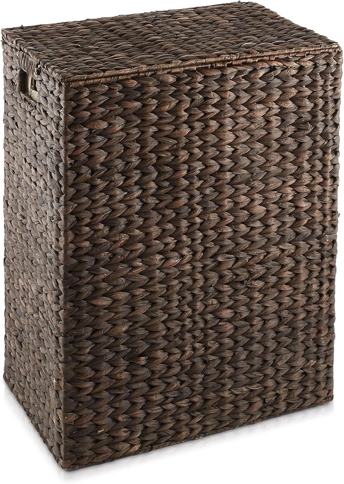 Casafield Large Laundry Hamper with Lid and Removable Liner Bag - Espresso, Woven Water Hyacinth Rectangular Laundry Basket Sorter for Clothes and Towels