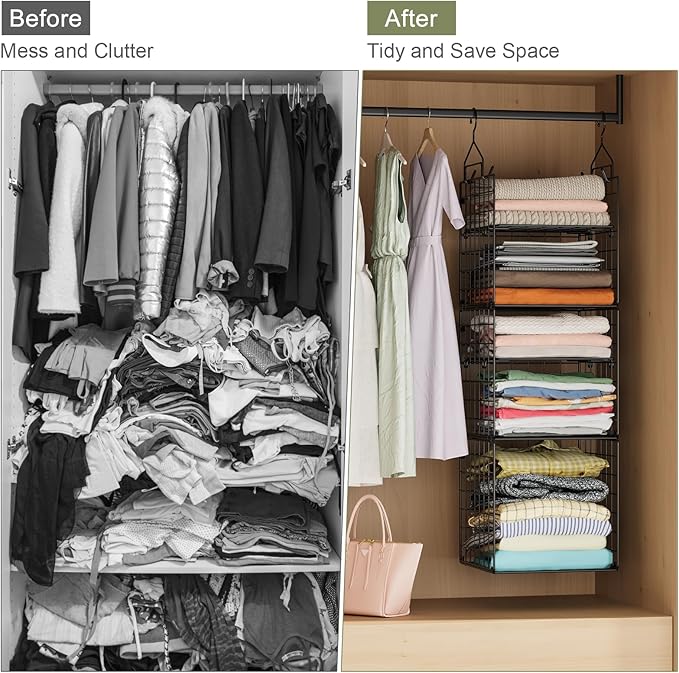 X-cosrack Hanging Closet Organizer and Storage - 5-Tier Closet Storage Organizer Baskets for Clothes & Adjustable Collapsible Metal Closet Hanging Organizer Shelves for Sweaters Shoes Handbags