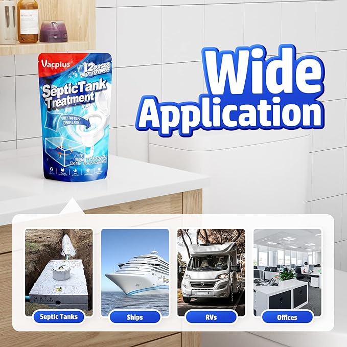 Vacplus Septic Tank Treatment 12 Pcs for 1-Year Supply, Dissolvable Packs with Easy Operation, Durable Biodegradable Enzymes for Wastes, Greases & Odors, Blue, 2X Efficiency
