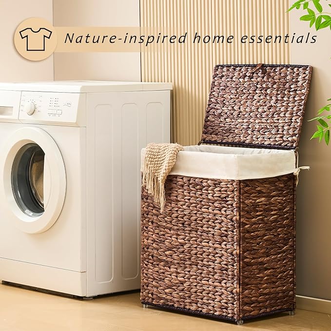 Handwoven Laundry Basket with Lid, Natural Water Hyacinth Storage Basket with Handle, Removable Cotton Liner, Durable and Stylish for Bedroom, Bathroom, Laundry Room