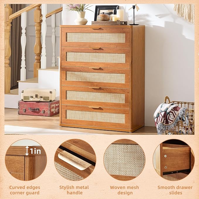 LEYAOYAO Dresser for Bedroom, 41" Tall Chest of Drawers, Modern 5 Drawers Boho Rattan Dressers with Storage, Dresser Wooden Closet Organizer for Living Room, Hallway, Tea Brown