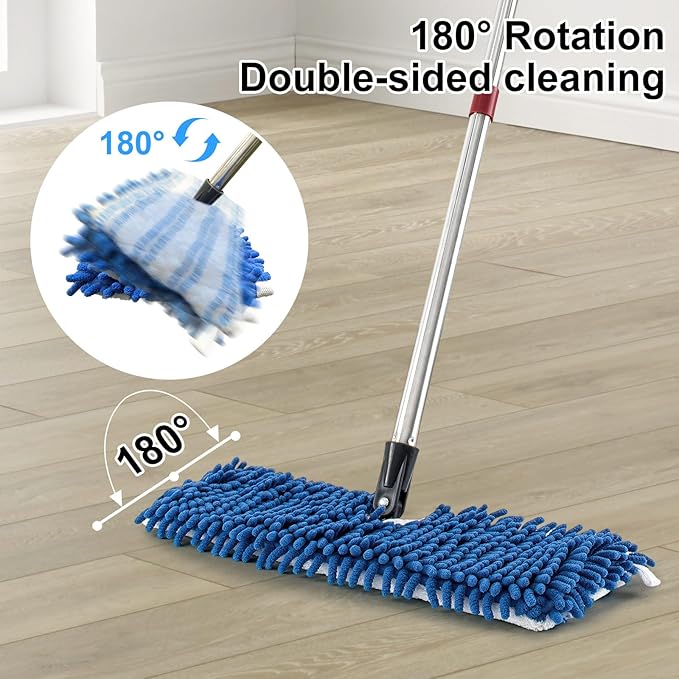 Microfiber Dust Mop for Hardwood Floors, Flat Mops for Floor Cleaning, Double-Sided Flip Mops with 58''Stainless Steel Mop Handle and Extra 3 Reusable Microfiber Mop Pads, Use Wet and Dry