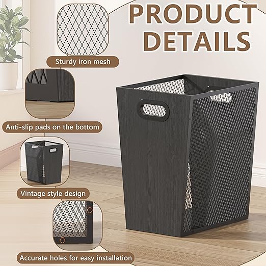 Piskyet Black Office Trash Can for Near Desk, 4.5 Gallon Unique Wood Bedroom Garbage Can,Vintage Wastebasket with Handle, Decorative Trash Can for Home Office,10.8" L x 7.8" W x 11.8" H