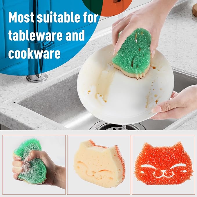 12 Pcs Scrubber Sponge Cat Smiley Shape Cleaning Sponge Double Sided Dish Sponge Multi-Purpose Sponges for Cleaning Dishes, Furniture, Kitchen, Bathroom