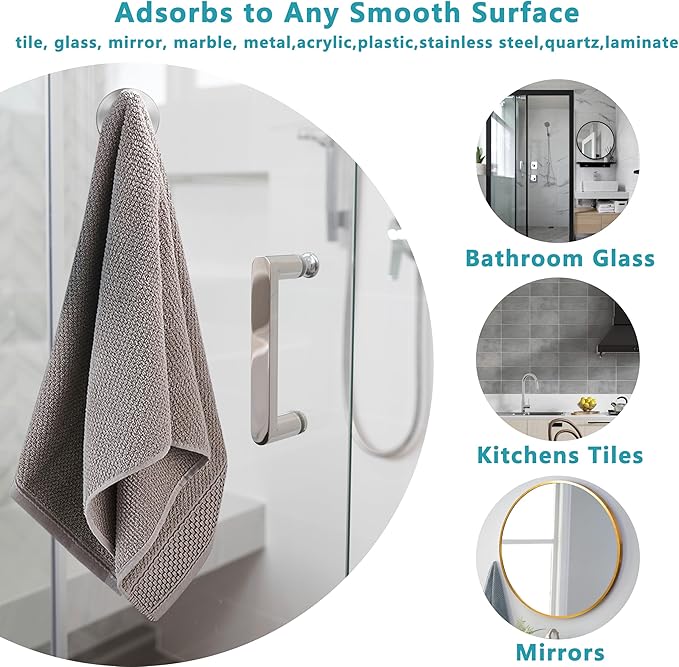 Suction Cup Hooks for Shower,Removable No Drill Towel Hooks,Upgraded 15 lbs Strong Suction hooks for Bathroom Tile,Shower Wall,Glass Door,Kitchen-Loofah,Coat,Stainless Waterproof-Silver 2 Pcs