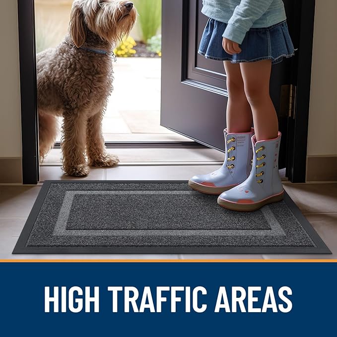 OLANLY Front Door Mat Indoor Outdoor Entrance, Waterproof All-Season, All-Weather Doormat, Sturdy Natural Rubber, Fade Resistant, Low Profile, Easy Clean Patio Porch Entryway Mat, 47x24, Grey