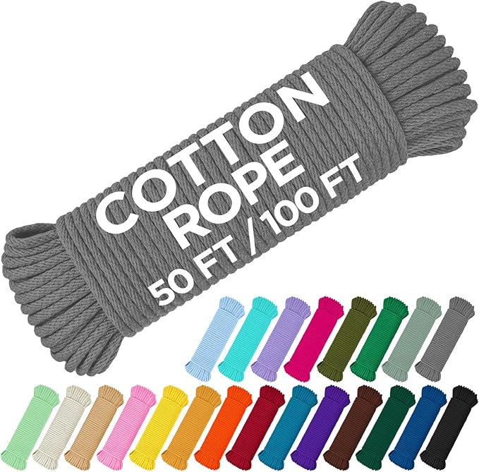 TECEUM Cotton Rope 3/16” (5 mm) – 100 FT – Strong All-Purpose Braided Rope – Natural Cotton – for Crafting, Сamping, Clothes Line, DIY, Indoor & Outdoor Use – Gray