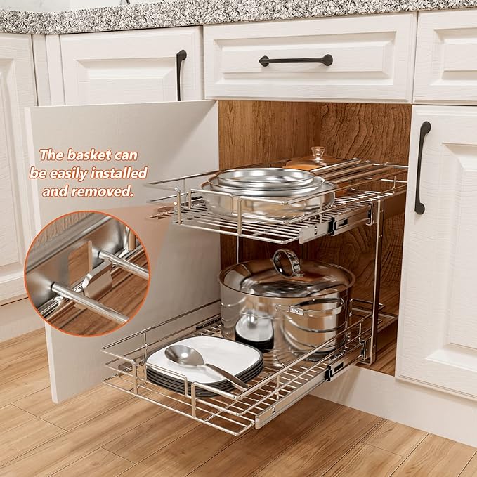 ROOMTEC Individual Pull Out Cabinet Organizer (12½" W x 21½" D), 2 Tier Spice Rack Organizer for Cabinet, Slide Out Drawer Pantry Shelf Organization and Storage for Kitchen Bathroom