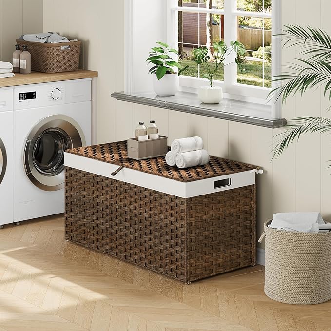 HOOBRO Storage Basket with Lid, 52.8 Gallon (200L) Wicker Basket, Handwoven Blanket Storage Basket with Handles, Metal Frame and Soft Lining, Foldable for Bedroom, Laundry Room, Brown BR220CW01