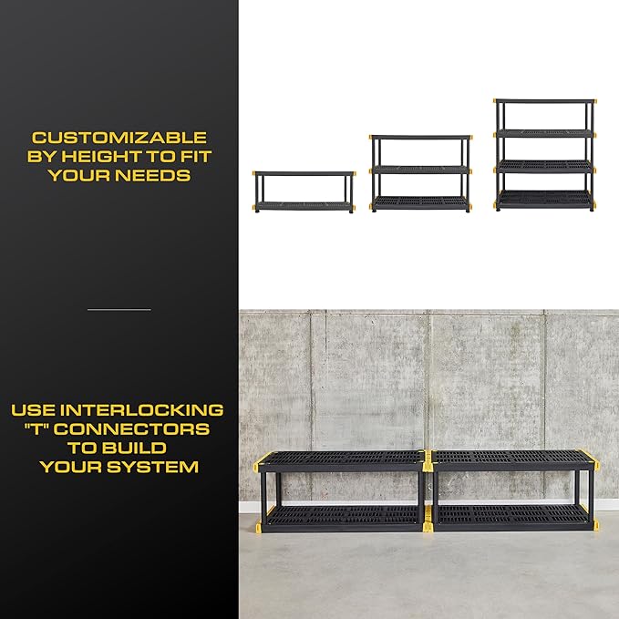 BLACK & YELLOW, 4-Tier Heavy Duty Plastic Storage Shelving Unit, 200lbs/shelf (55"H x 48"W x 20"D), for Indoor/Outdoor Organization, Modular Rack