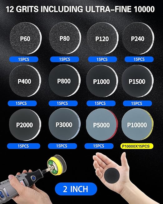 2 Inch Sanding Discs Drill Polishing Kit, 193PCS Car Headlight Restoration Kit, Hook & Loop Wet Dry Buffing Pads for Rotary Tools, Dremel Sanding Bits Attachment for Aluminum Resin Metal Glass