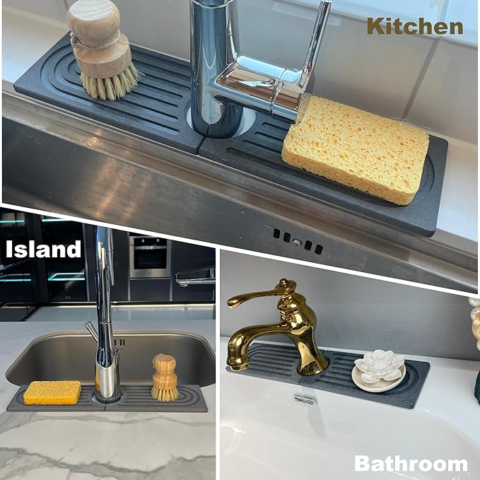 Absorbent Faucet Mat, Sink Caddy Kitchen Sink Organizer, Kitchen Counter Decor, Quick Dry Stone Mat Kitchen, Water Absorbing Stone Tray for Sink, Kitchen Soap Tray, Stone Sink Mat (DARK GREY, 15.8*4")