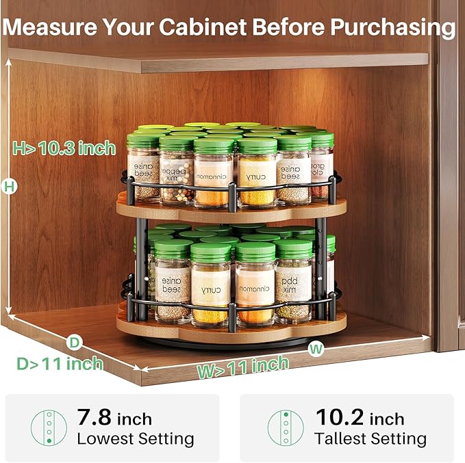Lazy Susan Spice Rack Organization for Cabinet - 2 Tier Adjustable Height Lazy Turntable Spice Organizer for Kitchen Countertop & Pantry, Wood 10 Inch Seasoning Storage, Black