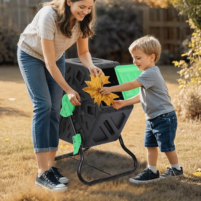 Athena Collection Compost Tumbler, 17 Gallon Single Chamber Outdoor Rotating Composter Bin with Gloves, Easy-Turn BPA-Free Plastic Compost Barrel for Backyard Garden, Patio, Kitchen Food Waste
