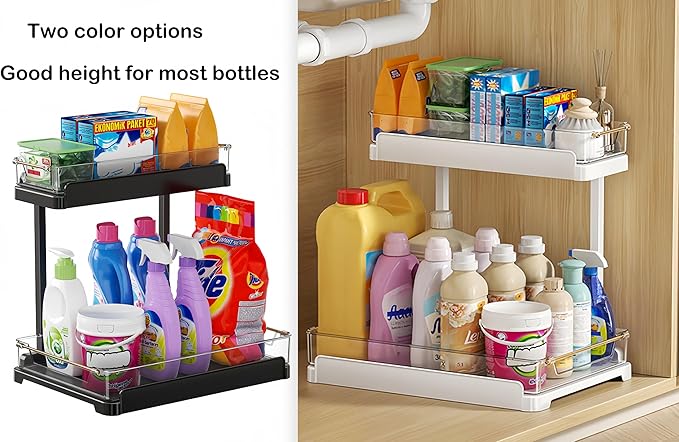 heart & home 2-Pack Under Sink Storage Organizer for Kitchen & Bathroom Cabinets with Removable Washable Tray, Tool-Free Assembly – Multi-Purpose for Countertop, Laundry & Vanity, White