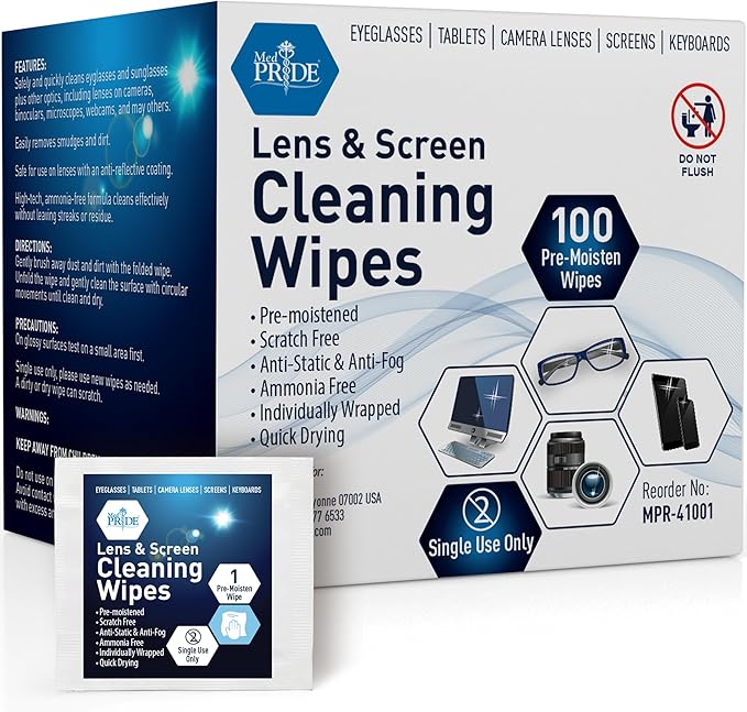 MED PRIDE Lens and Screen Cleaning Wipes for Eyeglasses, Touch Screens, Cameras, Anti-Fog, Scratch-, Anti-Static (100 100 Count (Pack of 1))