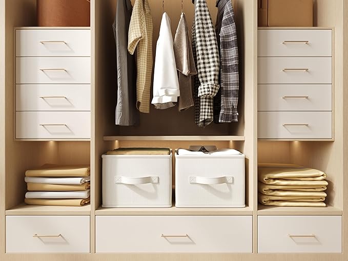3 Pack Fabric Storage Bins for Shelves | 11.5x8.75x6.5in Storage Baskets | Fabric Closet Organizers and Storage Bins with Handles Home Organization| Linen Clothes Bins | White & Ivory