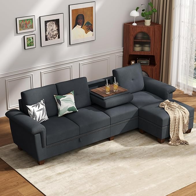 JAMFLY 108" Modular Sectional Sofa with Storage, L Shaped Sofa Couch with Reversible Ottoman, 4-Seat Convertible Sectional Couches with Cup Holders for Living Room, Apartment, Dark Grey