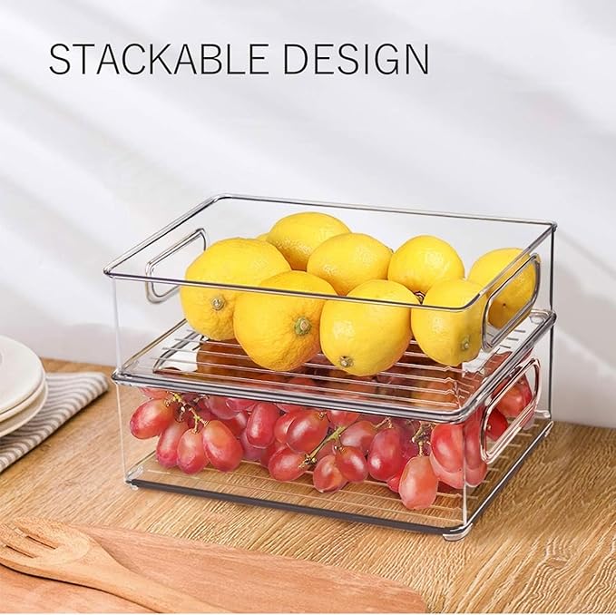 6 Pack Refrigerator Organizer Bins,3 Sizes Clear Pantry Storage with Handles and 30 PCS Plastic Bags for Fridge, Freezer, Shelves, Drawer, Bins, Snack Organizer for Home & Kitchen