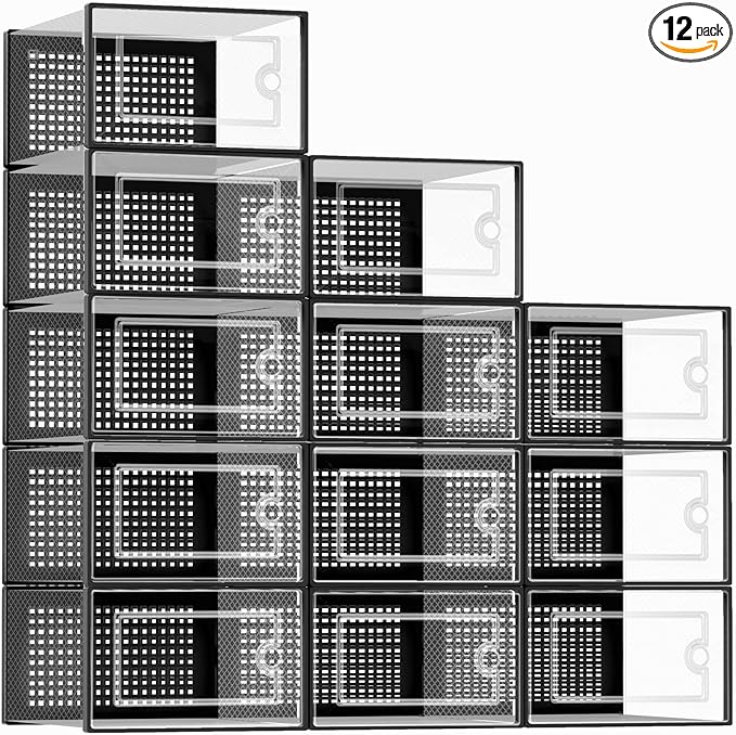 Kuject Large Shoe Organizers Storage Boxes for Closet, 12 Pack Clear Plastic Stackable Storage Bins with Lids, Under Bed Shoe Containers for Entryway, Drop Front, Fit up to Women's Size 10,Black