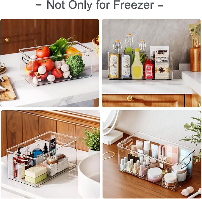 2 Pack Clear Freezer Organizer Bins Stackable Storage Bins with Side Handles for Kitchen Pantry Cabinet Organzation and Storage