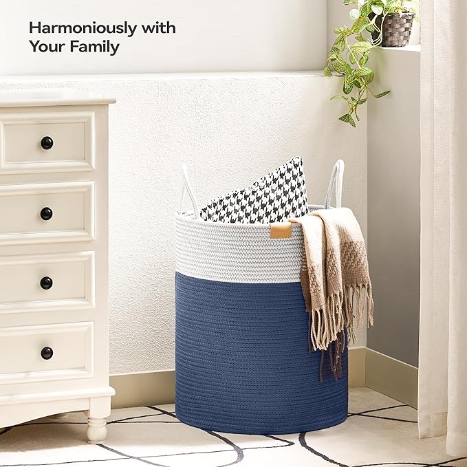 Laundry Hamper 62L,Large Laundry Basket for Clothes,Decorative Storage Basket for Blankets,Cotton Rope Woven basket for bedroom,Navy Blue