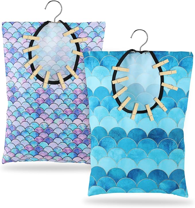 2 Pcs Summer Clothes Pin Bag Mermaids Clothespin Bag Holder Clothespin Holder 15 X 11 Inch Clothes Pin Hanging Bag Clothespin Bag for Clothesline Outdoor Outside Wardrobe and Laundry Room