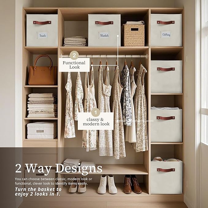 DECOMOMO Storage Baskets, 13x15x13 Storage Cube Bins with Labels for Organizing Shelves Kallax (Kallax / 4pcs, Beige)
