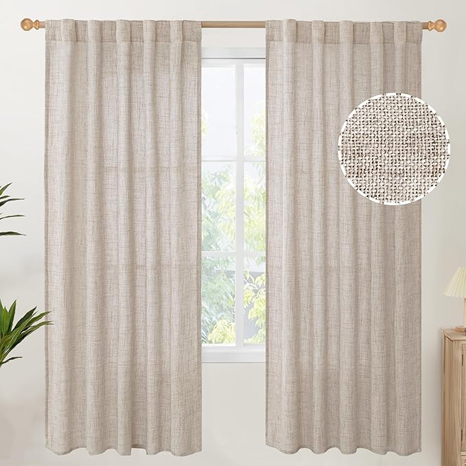 YoungsTex Natural Linen Semi Sheer Curtains 72 Inch Length 2 Panels for Living Room, Light Filtering Drapes Textured with Rod Pocket Back Tab for Bedroom Country Farmhouse, 42 X 72 Inch