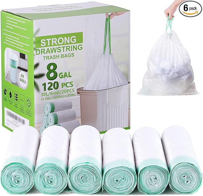 8 Gallon Trash Bag 120 Count, Unscented Strong Drawstring Garbage Bag Fit 30 Litter Trash Can, for Kitchen, Bathroom, Bedroom, Office ( Green )