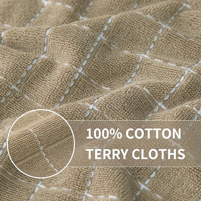 Homaxy 100% Cotton Terry Kitchen Towels(Tan, 13 x 28 inches), Checkered Designed, Soft and Super Absorbent Dish Towels, 12 Pack