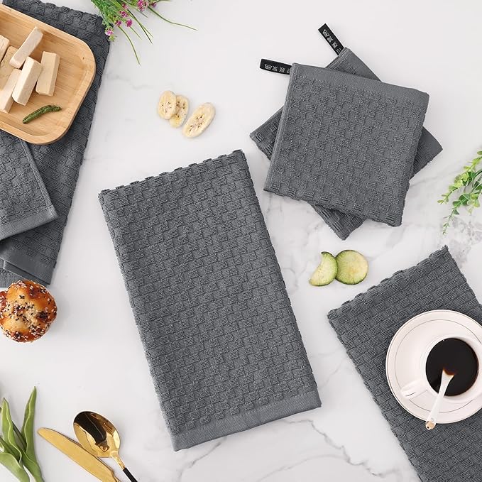 Fintale 100% Cotton Kitchen Towels and Dishcloths Set, 12 x 12 & 15 x 25 Inches, Set of 8 Bulk Super Soft and Absorbent Terry Cloth Dish Towels, Quick Drying Hand Towels with Hanging Loop, Dark Grey