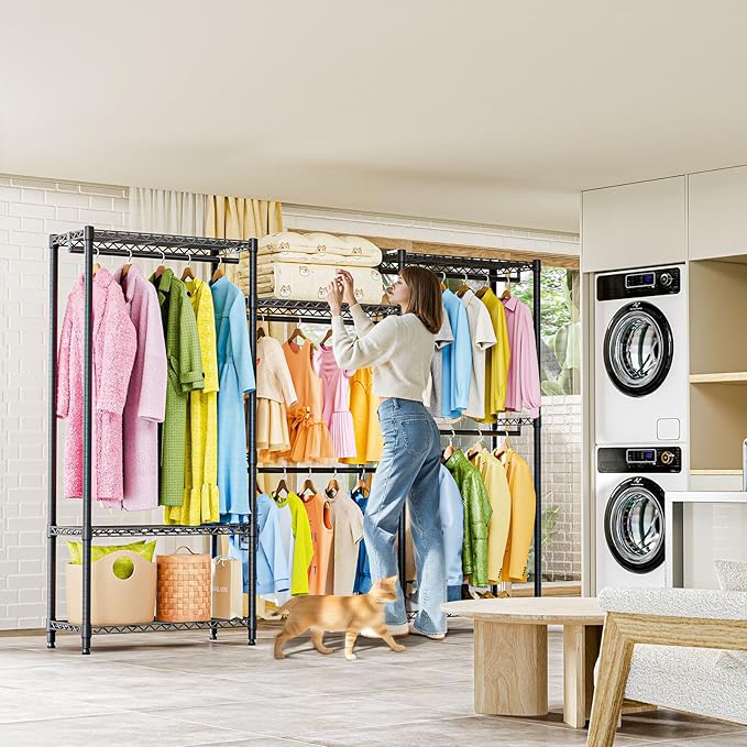 Heavy Duty Rolling Garment Rack 3 Tiers Adjustable Wire Shelving Clothes Rack with Rods Storage Closet Clothing Rack Black 15.7" D x 70.8" W x 76.5" H