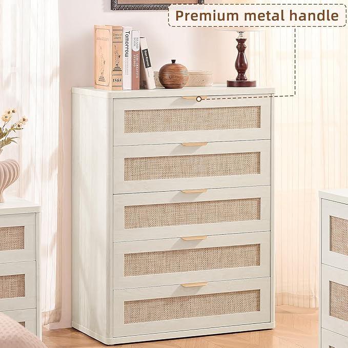 LEYAOYAO White Dresser for Bedroom, 41" Tall Chest of Drawers, Modern 5 Drawers Boho Rattan Dressers with Storage, Dresser Wooden Closet Organizer for Living Room, Hallway