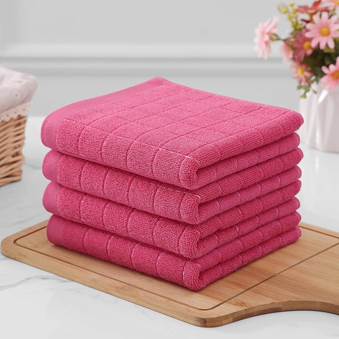 Homaxy 100% Cotton Terry Kitchen Towels(Rose Red, 13 x 28 inches), Checkered Designed, Soft and Super Absorbent Dish Towels, 6 Pack
