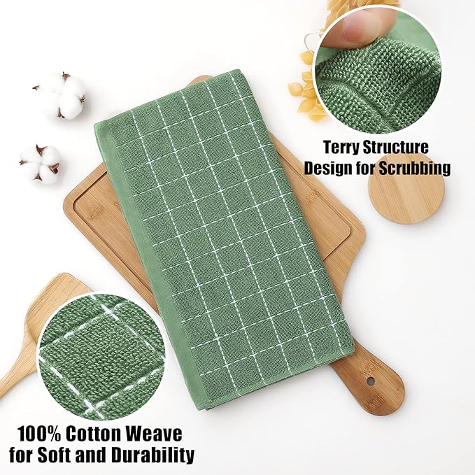 Homaxy 100% Cotton Terry Kitchen Dish Cloths, Ultra Soft and Absorbent Dish Towels for Kitchen, Suitable for Drying and Washing Dishes, 6 Pack, 12 x 12 Inches, Grass Green
