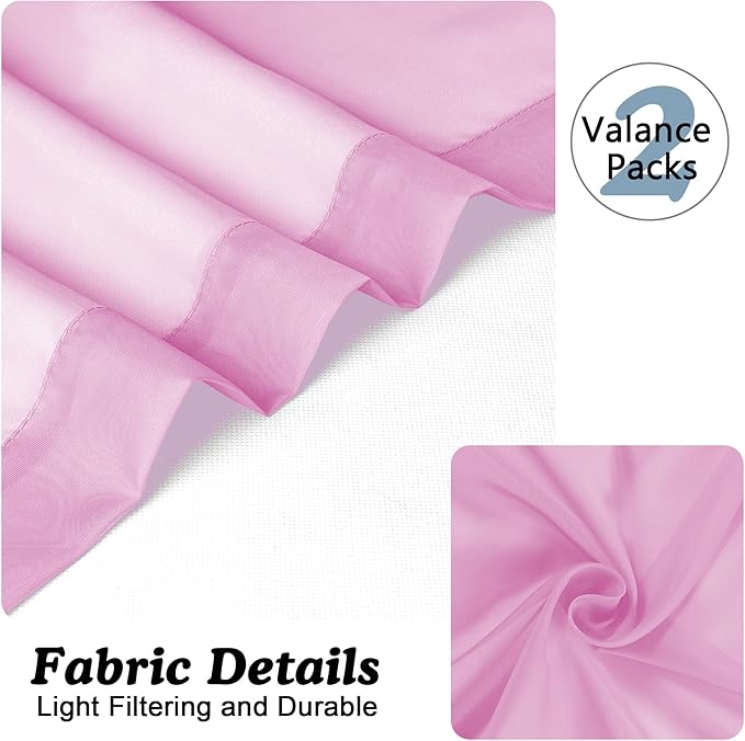 Chyhomenyc Pink Sheer Valances for Window 2 Pack, 42Wx14L Inches Small Sheer Cafe Curtains for Living Room Bathroom Study Cafe Laundry Basement, Cute Rod Pocket Voile Valance
