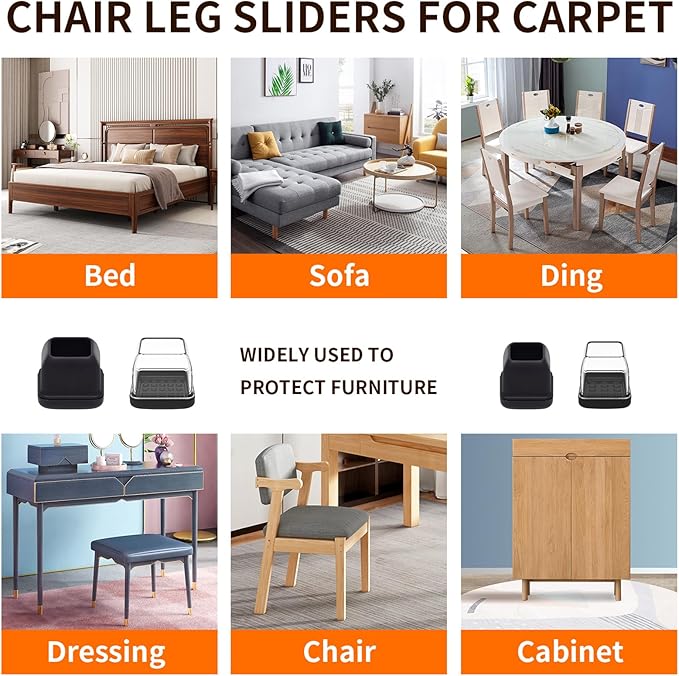 Ezprotekt 24 Pcs Black Chair Leg Sliders for Carpet, Square Chair Glides for Rug, Teflon Furniture Pads Leg Protectors Caps - for Dining Table, Bar Stool, End Table Legs (L Fit:1" - 1.4")