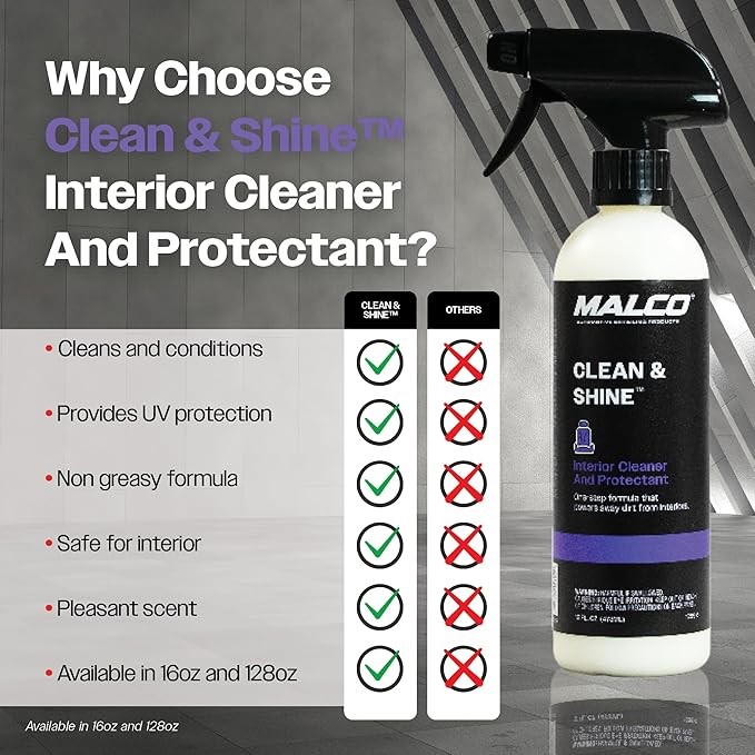 Malco Clean & Shine Interior Car Cleaner and Dressing – Restore Leather, Plastic and Vinyl Surfaces in Your Vehicle/Clean, Condition and Protect in 1 Simple Step / 1 Gallon (125901)